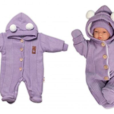 Baby Nellys Pletená kombinéza/overal LUX STAR s kožúškom - dvojvrstvová, fialová