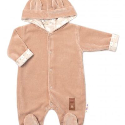 Baby Nellys Dvojvrstvový velúrový overal s kapucňou New Bunny, hnedý, veľ. 68