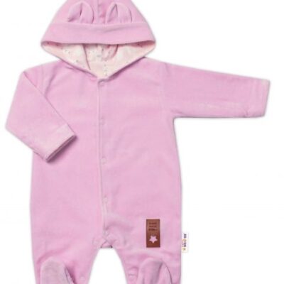 Baby Nellys Dvojvrstvový velúrový overal s kapucňou New Bunny, ružový, veľ. 62