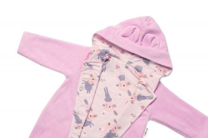 Baby Nellys Dvojvrstvový velúrový overal s kapucňou Bunny, ružový, veľ. 80 - Image 3