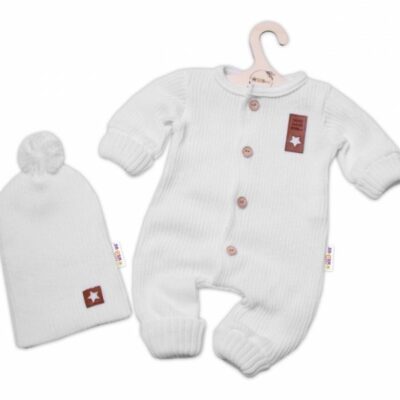 Baby Nellys 2-dielna sada Pletený overálek STAR + čiapky Hand Made, biely