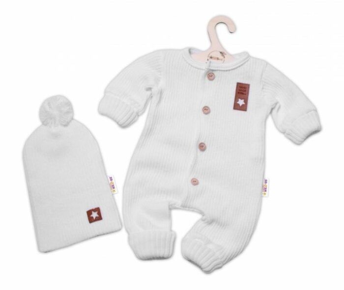 Baby Nellys 2-dielna sada Pletený overálek STAR + čiapky Hand Made, biely