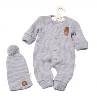Baby Nellys 2-dielna sada Pletený overálek STAR + čiapky Hand Made, sivý