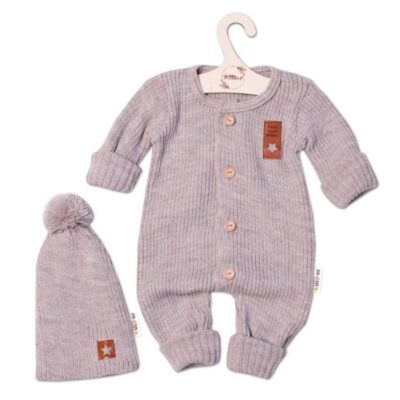 Baby Nellys 2-dielna sada Pletený overálek STAR + čiapky Hand Made, bežový