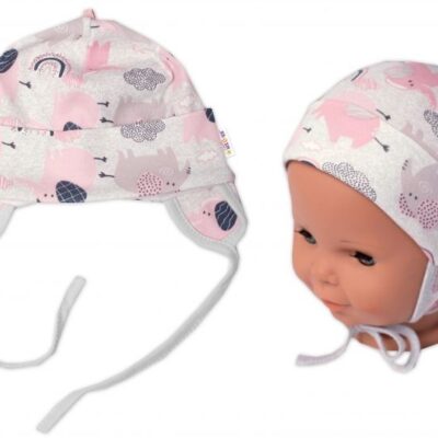 Baby Nellys Bavlnená čiapočka na zaväzovanie, Sloníci, ružová lem sivý