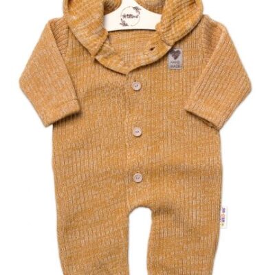 Baby Nellys Pletený overálok s kapucňou a gombíkmi Hand Made, medový žihaný