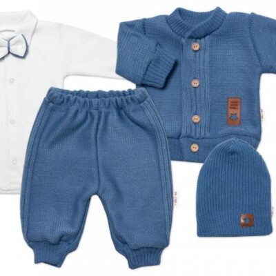 5-dielna pletená sada Baby Nellys, Boy, body, nohavice, sveter, čiapočka, motýlik - modrá