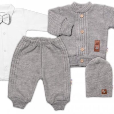 5-dielna pletená sada Baby Nellys, Boy, body, nohavice, sveter, čiapka, motýlik - šedá