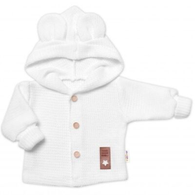 Elegantný pletený svetrík s gombíkmi a kapucňou s uškami Baby Nellys, biely, veľ. 74