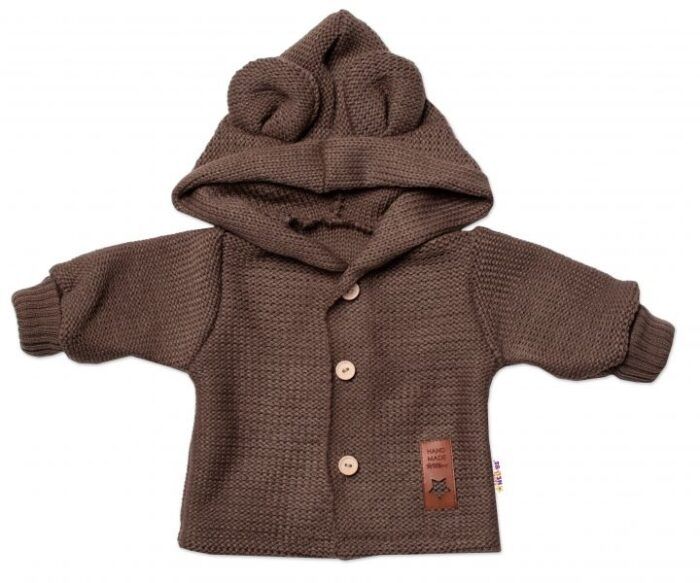 Elegantný pletený svetrík s gombíkmi a kapucňou s uškami Baby Nellys, hnedý, veľ. 62 - Image 2