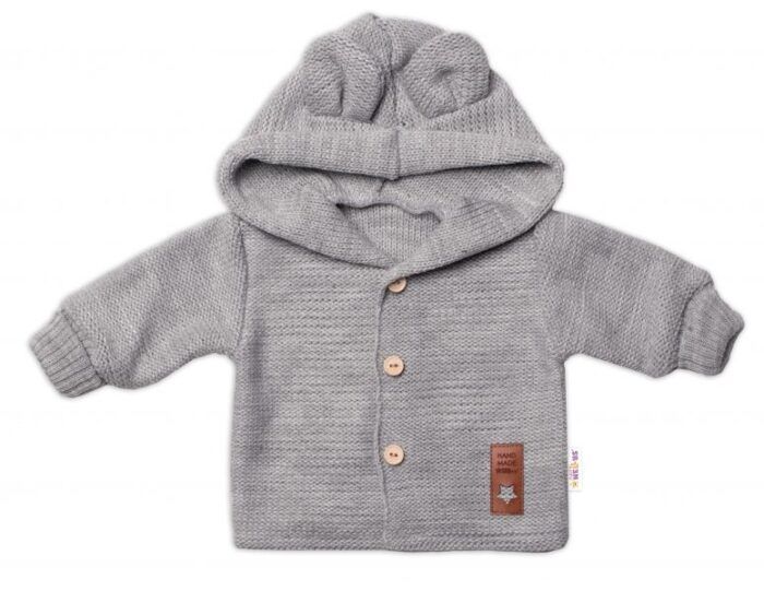 Elegantný pletený svetrík s gombíkmi a kapucňou s uškami Baby Nellys, sivý, veľ. 74 - Image 2