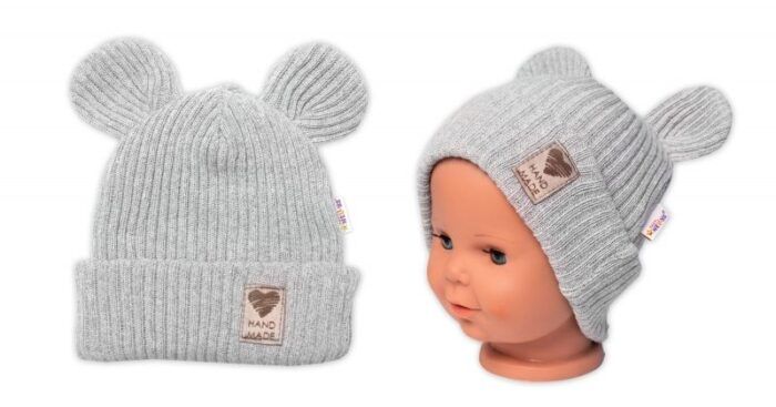 Pletená bavlněná čiapka s uškami, dvojvrstvová, Hand Made Baby Nellys, šedá,veľ. 68/74 - Image 3