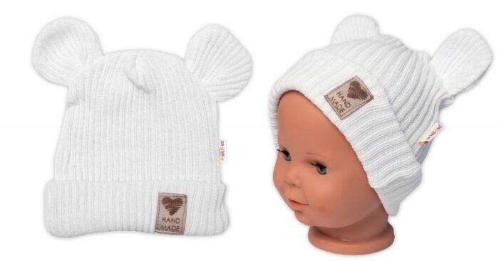Pletená bavlněná čiapka s uškami, dvojvrstvová, Hand Made Baby Nellys, biela - Image 3