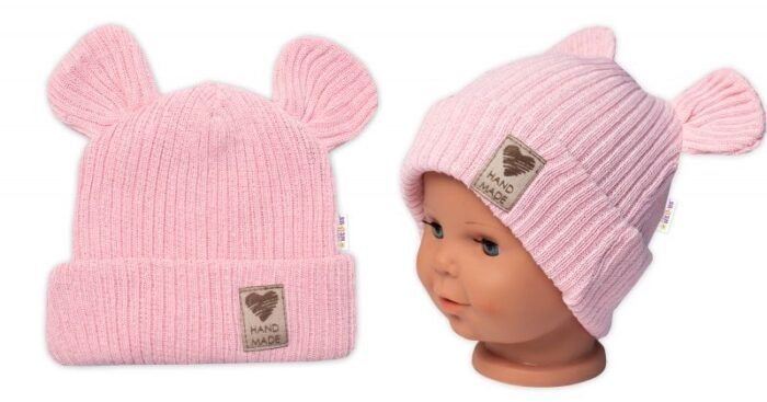 Pletená bavlněná čiapka s uškami, dvojvrstvová, Hand Made Baby Nellys, ružová, veľ. 68/74 - Image 4