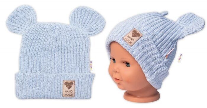 Pletená bavlněná čiapka s uškami, dvojvrstvová, Hand Made Baby Nellys, modrá - Image 4
