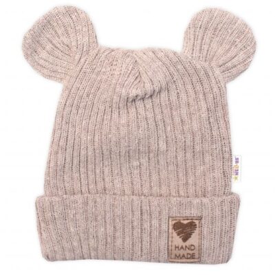 Pletená bavlněná čiapka s uškami, dvojvrstvová, Hand Made Baby Nellys, béžová