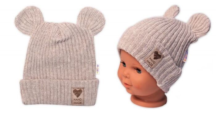 Pletená bavlněná čiapka s uškami, dvojvrstvová, Hand Made Baby Nellys, béžová - Image 4