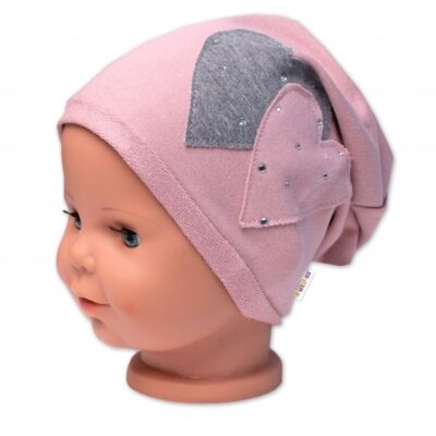 Detská čiapka bavlna, Srdiečka s kamienkami, Baby Nellys, púdrová