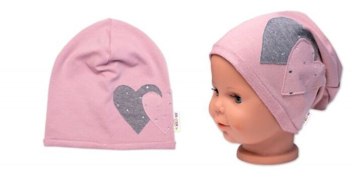 Detská čiapka bavlna, Srdiečka s kamienkami, Baby Nellys, púdrová - Image 3