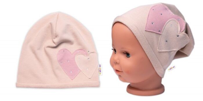 Detská čiapka bavlna, Srdiečka s kamienkami, Baby Nellys, béžová - Image 2