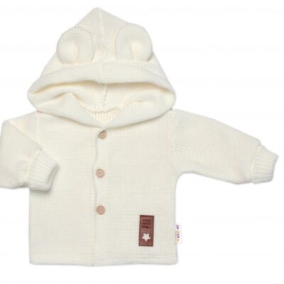 Elegantný pletený svetrík s gombíkmi a kapucňou s uškami Baby Nellys, ecru