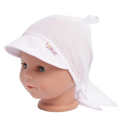 Detská sieťkovaná šatka so šiltom na zaväzovanie Uzlík Baby Nellys, biela, veľ. 92/104