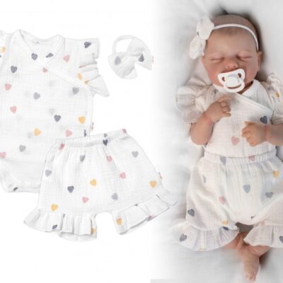 Zavinovacie body, kraťasky + čelenka, mušelín, Srdiečko, Baby Nellys, smotanové