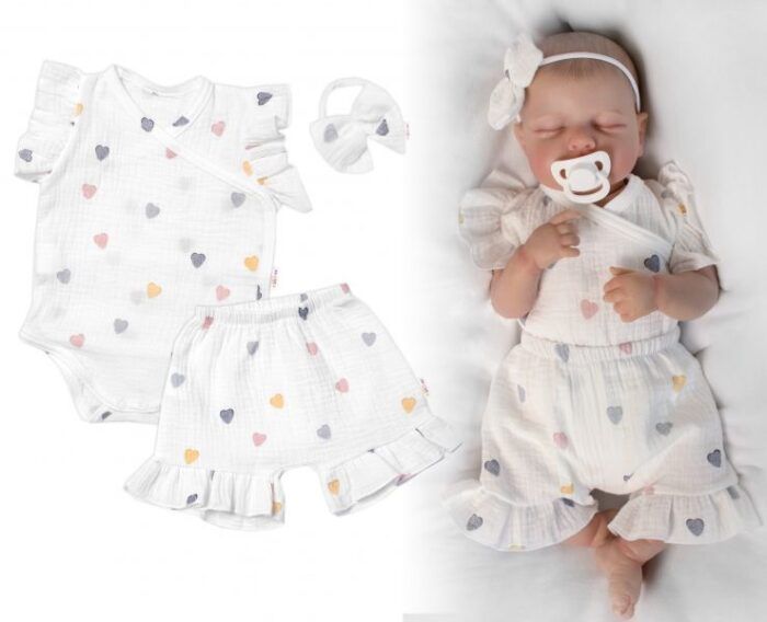 Zavinovacie body, kraťasky + čelenka, mušelín, Srdiečko, Baby Nellys, smotanové