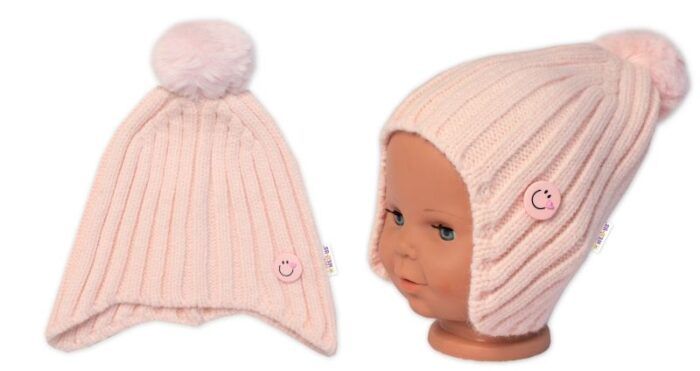 Detská zimná čiapka s brmbolcom Smile, Baby Nellys - púdrovo ružová, veľ. 48-54 cm - Image 3