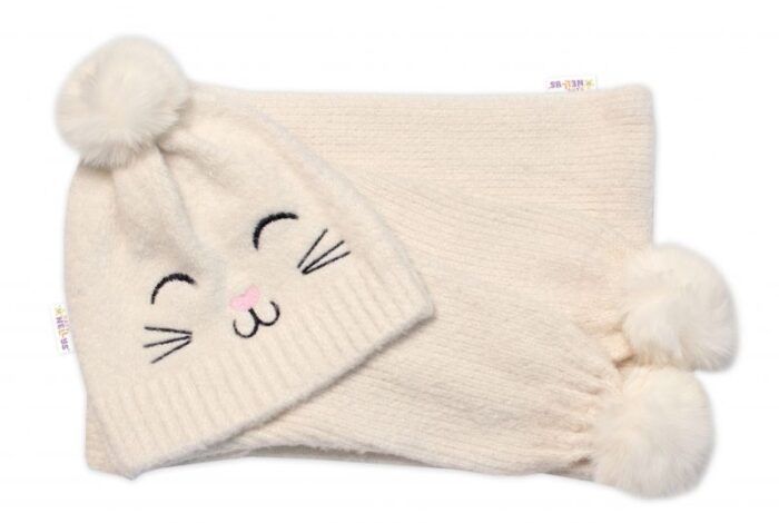 Zimná čiapka s brmbolcom + šál, Kitty, Baby Nellys - smotanová, veľ. 54/58