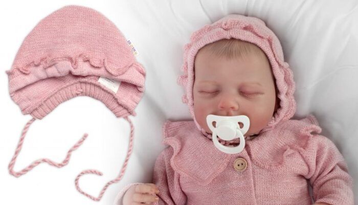 Pletená čiapočka na zaväzovanie bonetka Girl, Hand Made Baby Nellys, púdrová