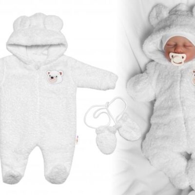 Chlpáčkový overal Luna s kapucňou + rukavičky, Baby Nellys, Medvedík, biely