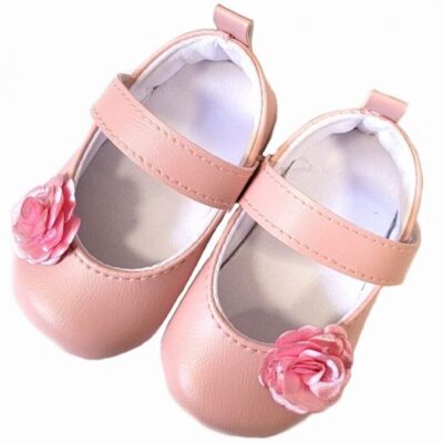 Dojčenské capáčky, balerínky s kvietkom na suchý zips, ružové, 6-12m