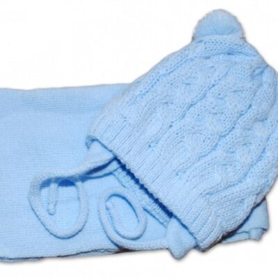 BABY NELLYS Zimná pletená čiapočka s šálom TEDDY - modrá s brmbolcami, vel. 62/68