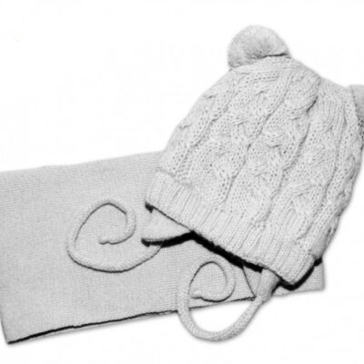 BABY NELLYS Zimná pletená čiapočka s šálom TEDDY - sivá s brmbolcami, vel. 62/68