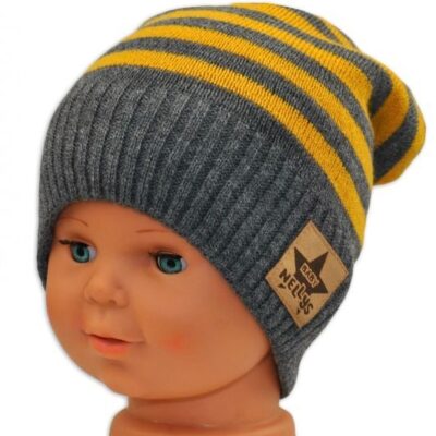 BABY NELLYS Jesenná/zimní prúžkovaná čiapka - šedo/žltá