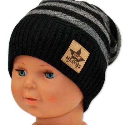 BABY NELLYS Jesenná/zimní prúžkovaná čiapka - čierno/sivá