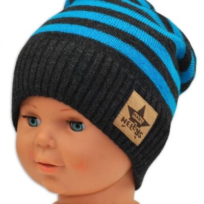 BABY NELLYS Jesenná/zimní prúžkovaná čiapka - grafit/tyrkys
