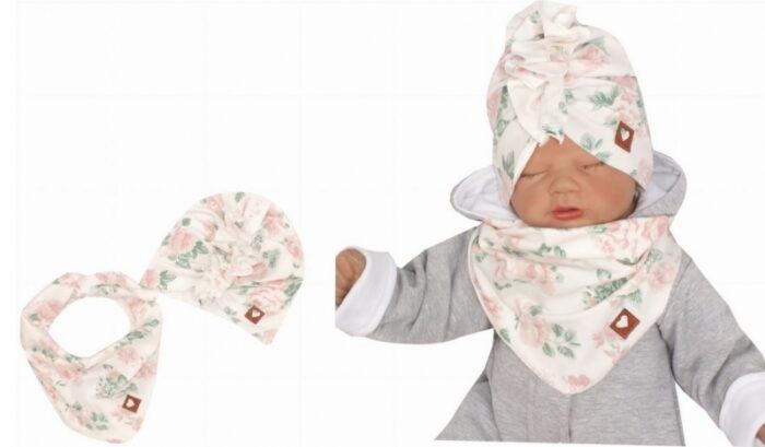 Z&Z Štýlová detská jarná / jesenná bavlnená čiapka, turban s šatkou, kvietky