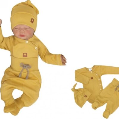 Z & Z 3-dielna súpravička body, polodupačky s povrázkom a čiapočka - horčicová, veľ. 68