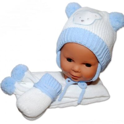 BABY NELLYS  Sada - čiapočka, šál a rukavičky - Macko s bambulkami