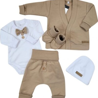 Bavlnená sada, body, nohavice, motýlik a čiapka Elegant Boy 5D, Kazum, mocca/biela, veľ.74