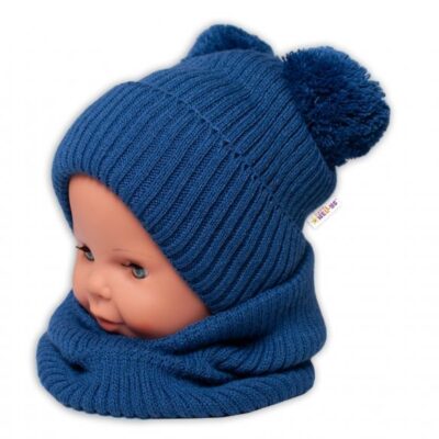 BABY NELLYS Zimná pletená čiapka + nákrčník - granát s brmbolcami