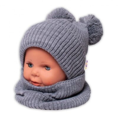 BABY NELLYS Zimná pletená čiapka + nákrčník - sivá s brmbolcami