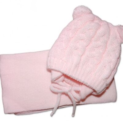 BABY NELLYS Zimná pletená čiapočka s šálom TEDDY s brmbolcami - sv. ružová, vel. 62/68