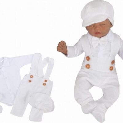 Z&Z 5-dielna pletená sada Boy, body, nohavice, čiapočka motýlik, topánočky, biela, veľ. 62