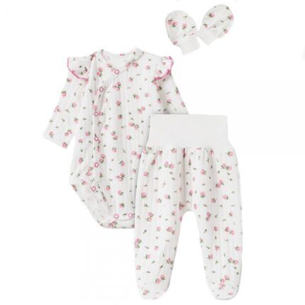 Bavlnená 3D sada, zavinovacie body, polodupačky + rukavičky, Amélia, biela/ružová