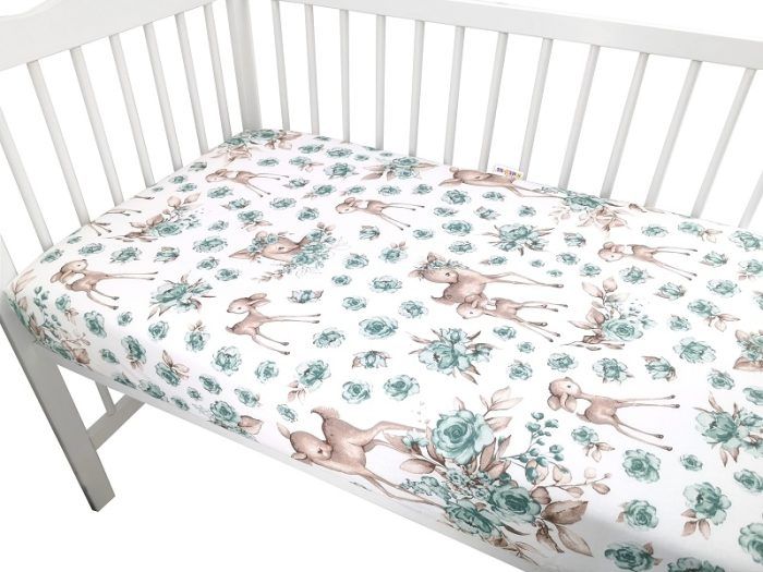 Baby Nellys Detské bavlnené prestieradlo do postieľky, Srnka a růže - mätová - Image 2