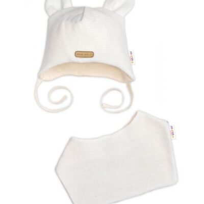 Pletená čepice s bavlněnou podšívkou a šátkem 2v1, Teddy Hand made - kokosová bílá