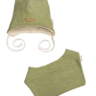 Pletená čepice s bavlněnou podšívkou a šátkem 2v1, Teddy Hand made - oliva